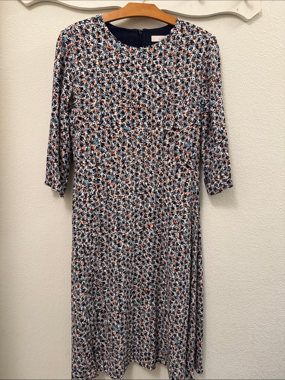 LOFT Navy Floral 3/4 Sleeve Midi Dress with Rust and Light Blue Details